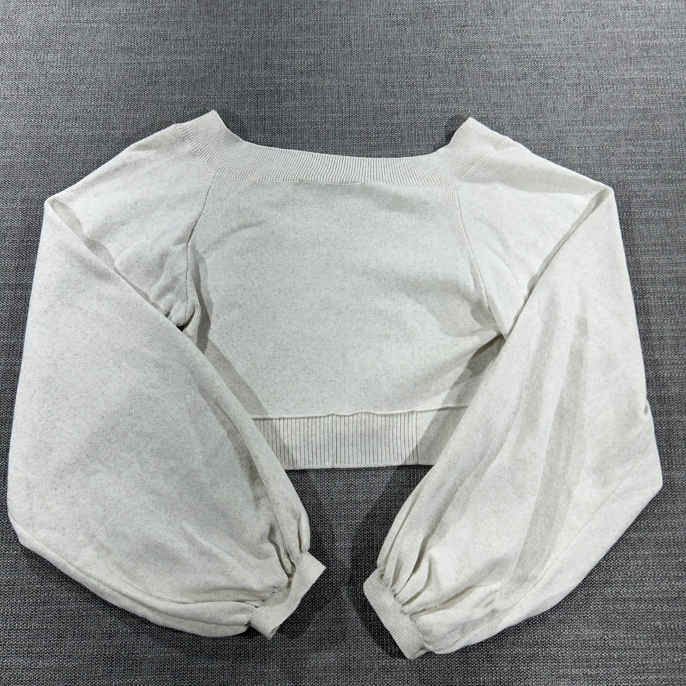 Zara Knit Cropped Sweater Women Medium Cream Excellent Balloon Sleeve V-Neck